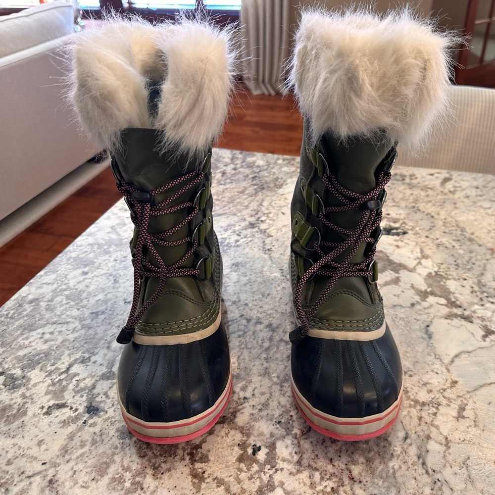 Sorel Olive and Navy Kids Boots with Faux Fur